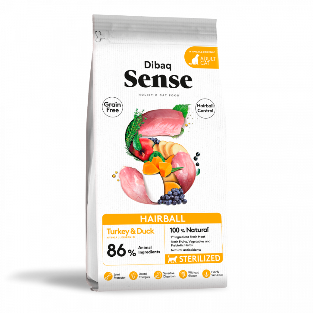 Dibaq Sense - Cat Complete Food, Grain Free, Hairball Duck & Turkey (1.5Kg)