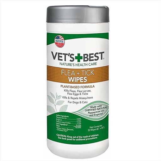[HE1VB0396] Vet's Best  Flea & Tick Wipes X50 for Cats and Dogs